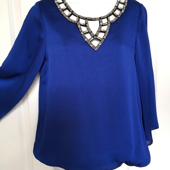 Royal Blue Beaded and Crystals Party Blouse Top Size Small - Picture 5 of 7